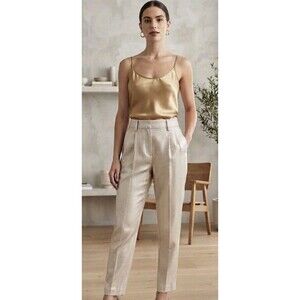 Veronica Beard  Linen Pants Paperbag Waist Lined Tan Gold Mettalic Size 4